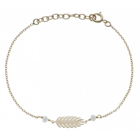 Bracelet plaqué or - feuille - perles blanches -  17+3cm