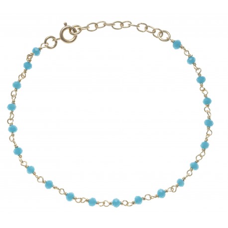 Bracelet plaqué or - perles bleues turquoises -  17+3cm