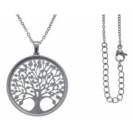 Collier acier - arbre de vie - satiné - diamètre 3cm - 45+5cm