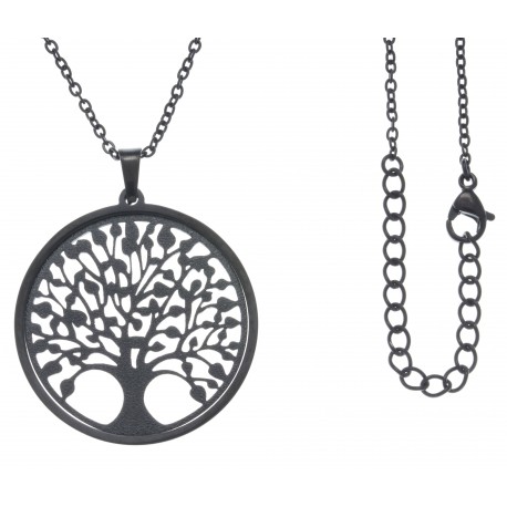 Collier acier noir - arbre de vie - satiné - diamètre 3cm - 45+5cm