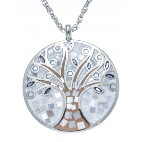 Collier en acier - nacre - émail - arbre de vie - 45cm