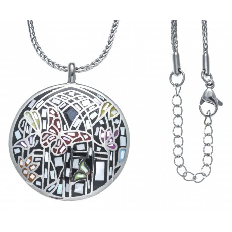 Collier en acier - nacre - émail - papillon - 45+5cm