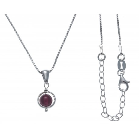 Collier argent rhodié 3,4g - boule agate fushia 6mm - 38+5cm