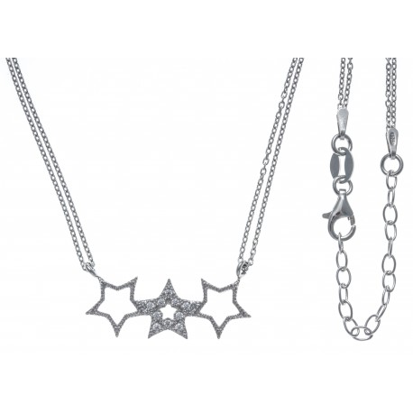 Collier argent rhodié 4,2g - 3 étoiles - zircons - 2 chaines - 40+5cm