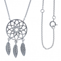 Collier argnet rhodié 3,4g - attrape rêves - zircons - diamètre 15mm - 3 plumes