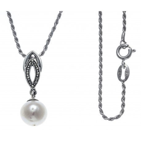 Collier argent rhodié 4,1g - marcassites - perles de culture - 45cm