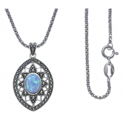 Collier argent rhodié 6,5g - marcassites - opale bleue synthéthique - 45cm