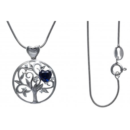 Collier argent rhodié 5,2g - arbre de vie - cœurs - zircons - saphir synthétiqu