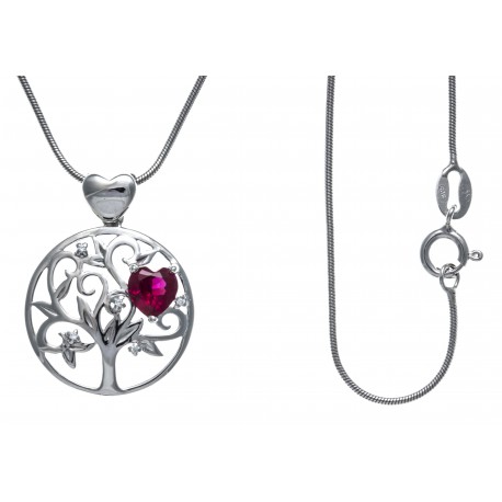 Collier argent rhodié 5,2g - arbre de vie - cœurs - zircons - rubis synthétique