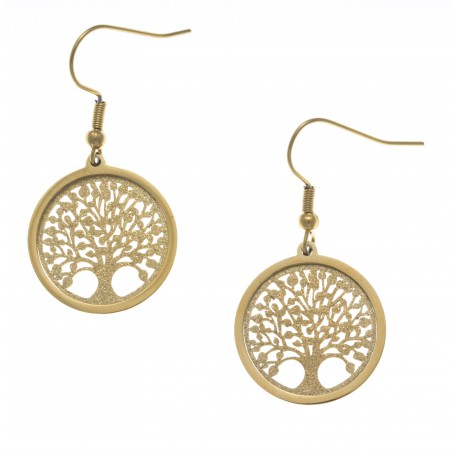 Boucles d'oreille acier doré - arbre de vie - satiné - diamètre 2cm