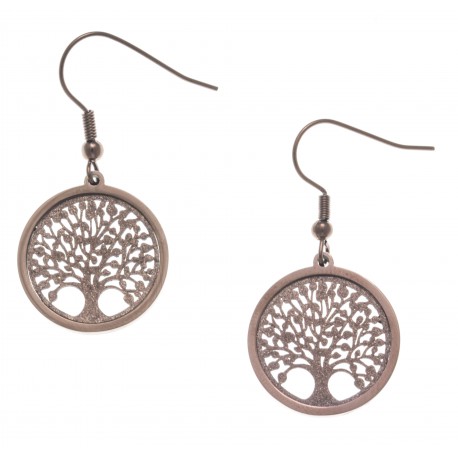 Boucles d'oreille acier café - arbre de vie - satiné - diamètre 2cm