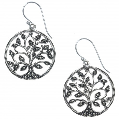 Boucles d'oreille argent rhodié 5g - arbre de vie - marcassites - diamètre 2cm