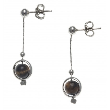 Boucles d'oreille argent rhodié 2,4g - pendante fil 2cm - boule œil de tigre 6mm