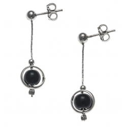 Boucles d'oreille argent rhodié 2,4g - pendante fil 2cm - boule onyx 6mm