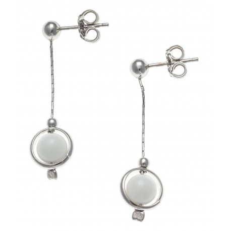 Boucles d'oreille argent rhodié 2,4g - pendante fil 2cm - boule agate blanche 6m