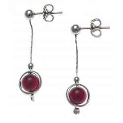 Boucles d'oreille argent rhodié 2,4g - pendante fil 2cm - boule agate fushia 6mm