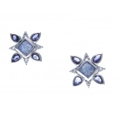 Boucles d'oreille argent rhodié 2,1g - lolite - quartz bleu - zircons