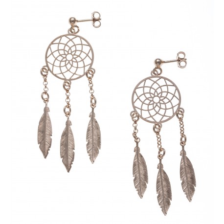 Boucles d'oreille argent rhodié 3,6g - rosé - 3 plumes de 2cm - chaine 1cm - dia