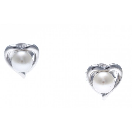 Boucles d'oreille argent rhodié 0,7g - cœurs - perle de culture véritable