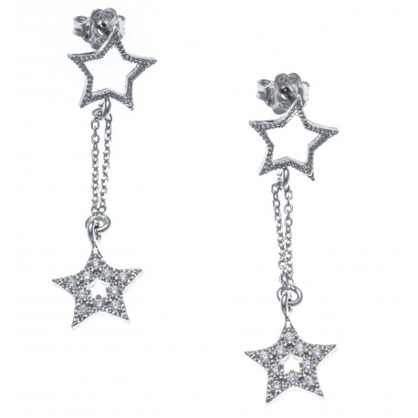 Boucles d'oreille argent rhodié 2,8g - 2 étoiles - 2 chaines - zircons - hauteur