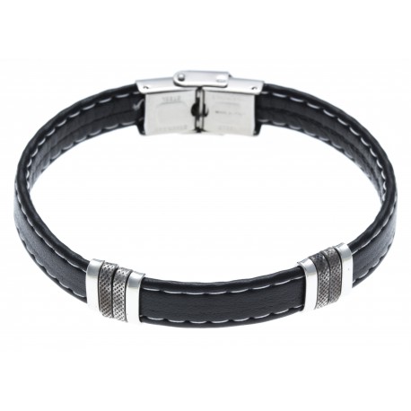 Bracelet acier pour homme - cuir synthétique  - MADE IN ITALY - réglable - 21 cm