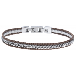 Bracelet acier 2 tons - 2 câbles acier marron - chaine acier blanc - 19,5+1,5cm - réglable