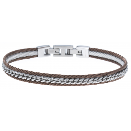 Bracelet acier 2 tons - 2 câbles acier marron - chaine acier blanc - 19,5+1,5cm - réglable