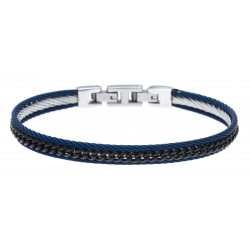 Bracelet acier 3 tons - 2 câbles acier bleu - chaine acier noir - 19,5+1,5cm - réglable