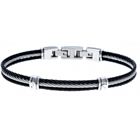 Bracelet acier - 3 cables acier noir/blanc/noir - 19,5+1,5cm - réglable