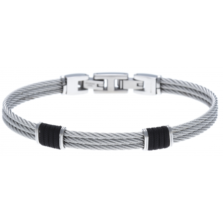 Bracelet acier - 3 cables acier - corde nautique noir - 19,5+1,5cm - réglable