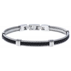 Bracelet acier - 2 câbles acier - cuir italien tressé noir - 19,5+1,5cm - réglable