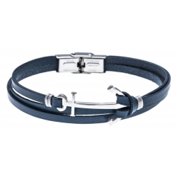 Bracelet acier - cuir italien bleu - ancre acier - 3 rangs - 21,5cm - réglable