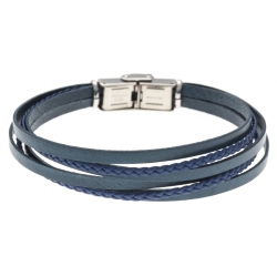 Bracelet acier - cuir et cuir tressé bleu italien - 6 rangs - 21,5cm - réglable