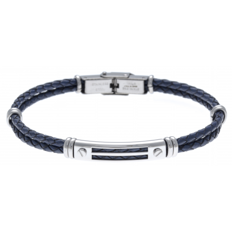 Bracelet acier - cuir tressé bleu italien - 2 rangs - 21,5cm - réglable