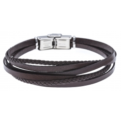 Bracelet acier - cuir et cuir tressé bleu marron - 6 rangs - 21,5cm - réglable