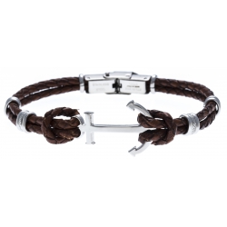 Bracelet acier pour homme - cuir tressé italien marron - 2 rangs - ancre - 21,5cm - réglable