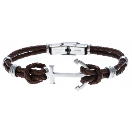 Bracelet acier pour homme - cuir tressé italien marron - 2 rangs - ancre - 21,5cm - réglable