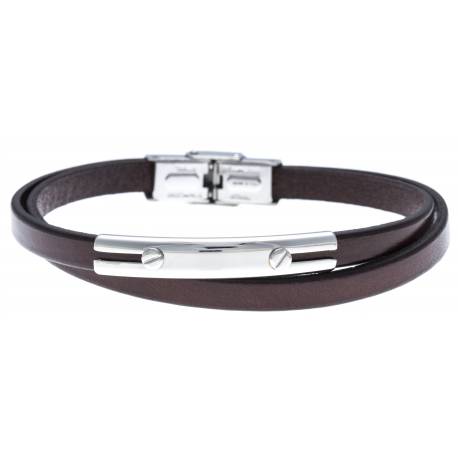 Bracelet acier - cuir marron italien - 2 rangs - 21,5cm - réglable