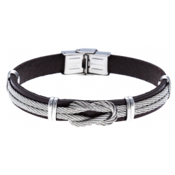 Bracelet acier - cuir marron italien - cable acier - nœud - 21,5cm - réglable