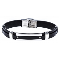 Bracelet acier - cuir noir italien - 21,5cm - réglable