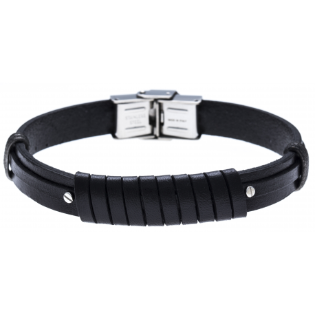 Bracelet acier - cuir noir italien - 21,5cm - réglable