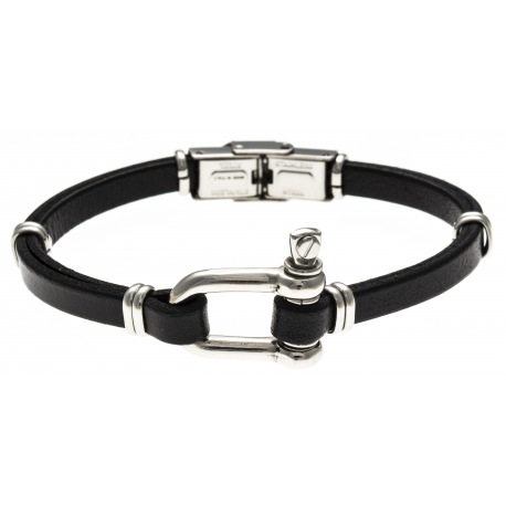 Bracelet acier - cuir italien noir - manille - 21,5cm - réglable