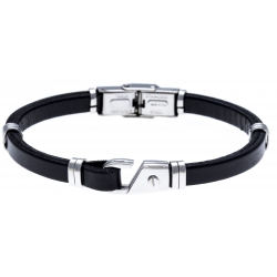 Bracelet acier - cuir noir italien - 21,5cm - réglable