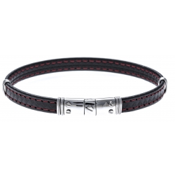 Bracelet acier - cuir synthétique - surpiqure rouge - 21,5cm
