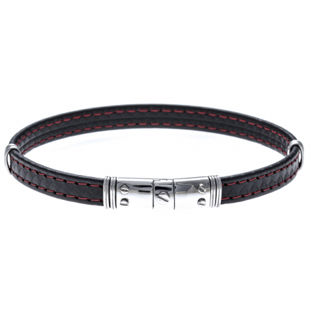 Bracelet acier - cuir synthétique - surpiqure rouge - 21,5cm