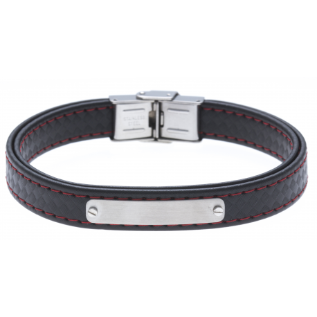 Bracelet acier - cuir synthétique - surpiqure rouge - 21,5cm - réglable