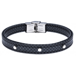 Bracelet acier - cuir synthétique - surpiqure noire - 21,5cm - réglable