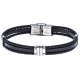 Bracelet acier  - cuir italien noir - 21,5cm - réglable