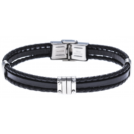 Bracelet acier  - cuir italien noir - 21,5cm - réglable
