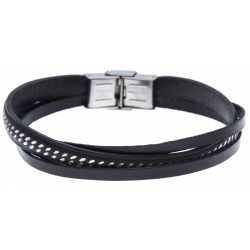 Bracelet acier - cuir italien noir - 3 rangs - 21,5cm-  réglable